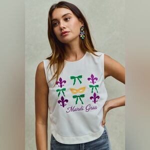 SO ME Mardi Gras Fleur De Lis And Ribbon Embroidered Top